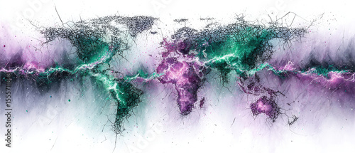 Fototapeta Naklejka Na Ścianę i Meble -  Abstract cracked world map with vibrant purple and green energy bursts