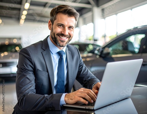 Wallpaper Mural Businessman using laptop in car showroom (1) Torontodigital.ca
