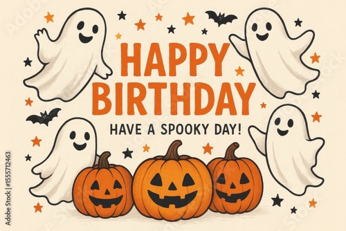 Halloween birthday fun with ghosts, pumpkins, spooky theme, Happy Birthday text