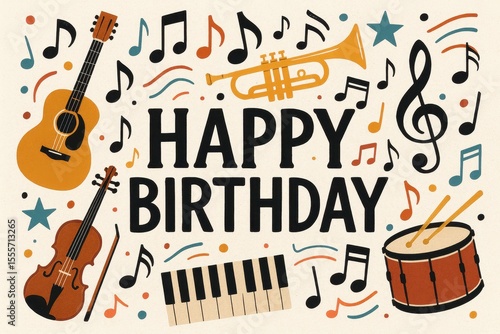 Musical birthday celebration, instruments, Happy Birthday text, joyful birthday theme