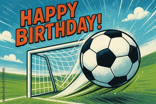 Soccer-themed birthday celebration, soccer ball, goalpost, vibrant background