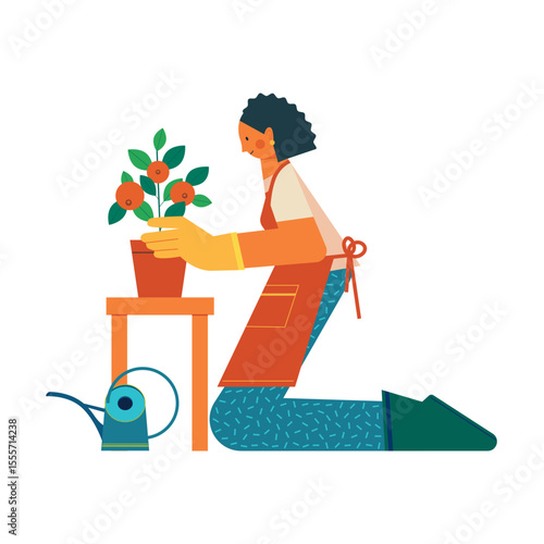 Woman taking care of fruit at home. Homegrown concept vector illustration.