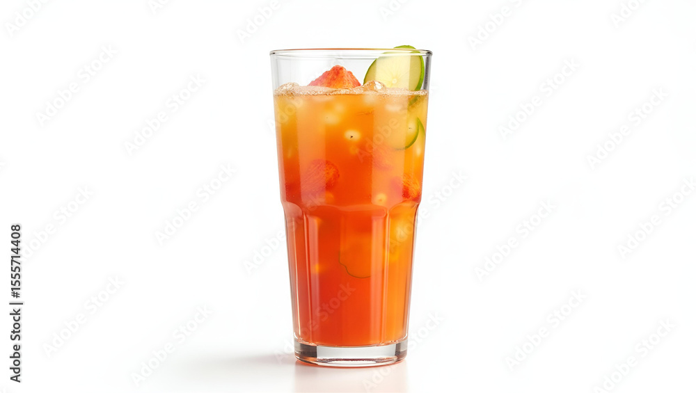 Refreshing Iced Orange Juice Drink with Lemon Garnish in Tall Glass, Studio Shot, White Background, Summer Beverage Concept, Clean and Vibrant. Refreshing Iced Orange Juice Drink with Lemon Garnish in Tall Glass, Studio Shot, White Background, Summer Beverage Concept, Clean and Vibrant.