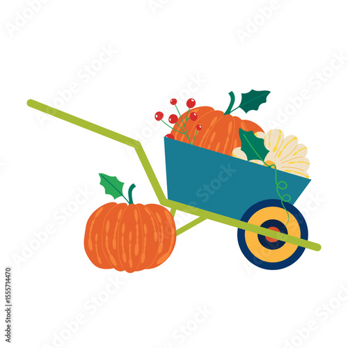 The wheelbarrow overflowed with freshnessly harvested pumpkins. Homegrown concept vector illustration.