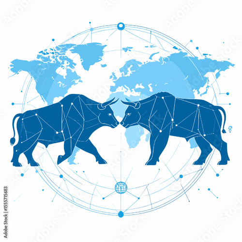 Blue Bull and Bear Trading Silhouette with Global Network Diagram in White Background