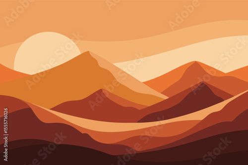 Abstract landscape sunrise background, hills earth tone, sunset. Minimal mountain view illustration design for banner, interior, prints, decor home, etc.