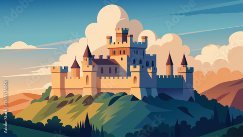 A cartoonish castle atop a hill under a bright cloudy sky landscape illustration