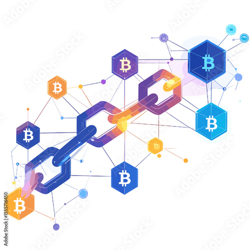 Geometric Blockchain Network Illustration Depicting Cryptocurrency with Interconnected Blocks and Data Points on White Background