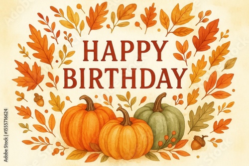Autumn birthday, pumpkins, fall leaves, warm colors, festive celebration, harvest theme, fall birthday