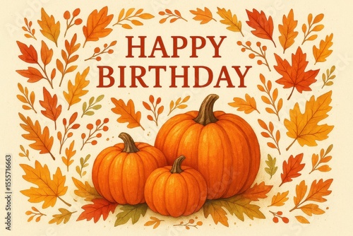 Autumn birthday card with pumpkins, fall leaves, warm colors, harvest theme, birthday celebration