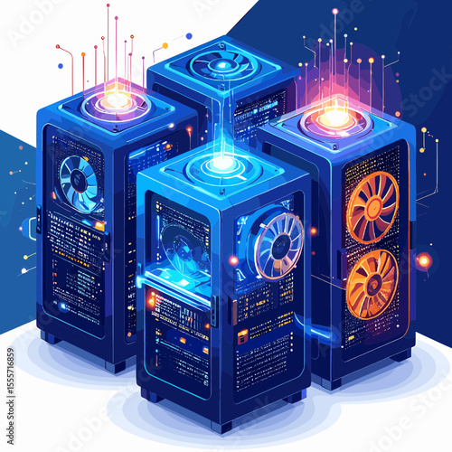 Isometric View of Four Blue Computer Servers with Glowing Components and Advanced Network Technology in Dark Blue Background