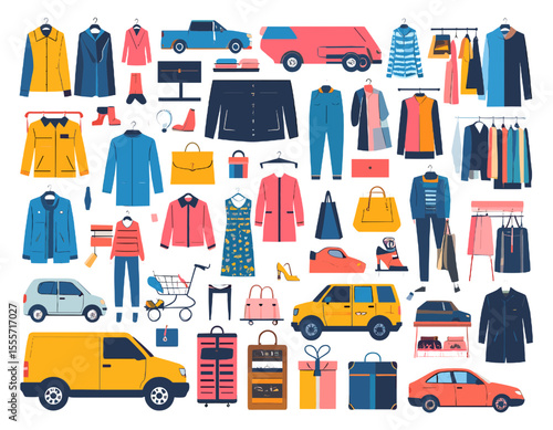 Pixel Art Collection of Vehicles and Apparel with Colorful Fashion Items Including Dresses Bags Cars and Jackets on a White Background