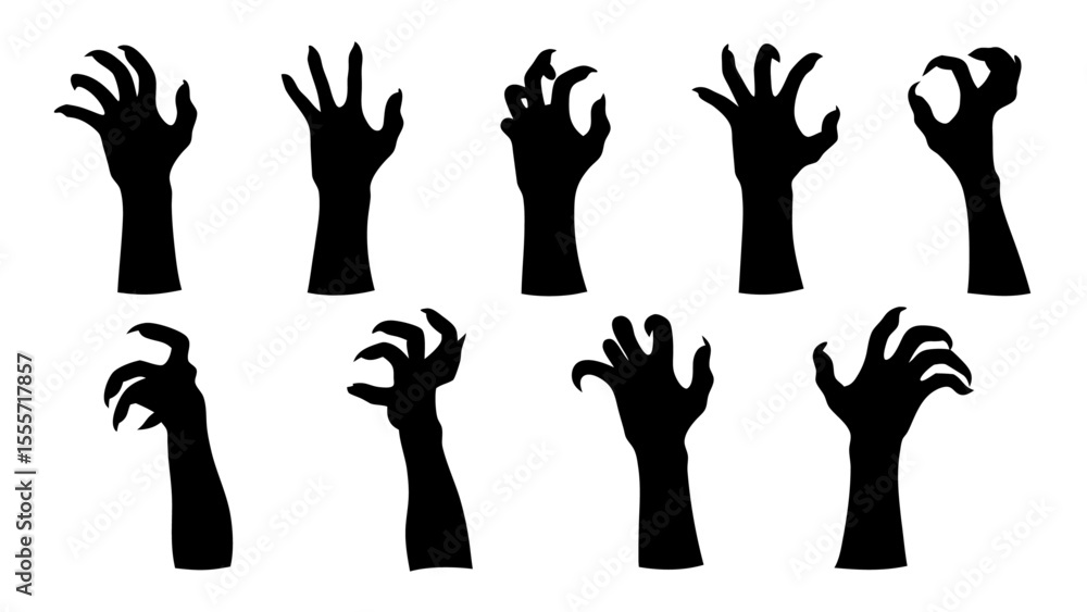 Fototapeta premium Set of doodle zombie hands silhouette.