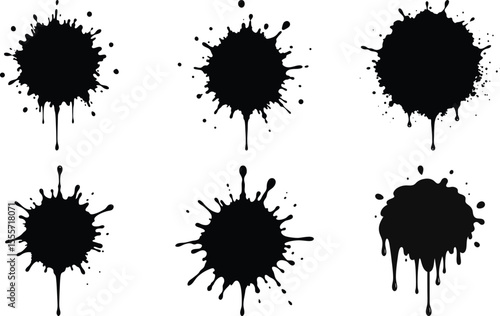 Vector art of six black ink splatters with drips isolated on transparent background, ideal for design projects