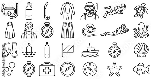 Minimalist set of diving icons featuring scuba gear marine life and nautical symbols in outline style