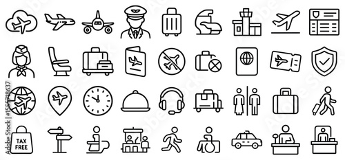 Airline travel outline icon set depicting essential elements of air travel and airport procedures