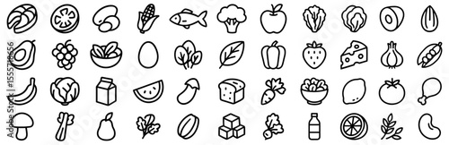 Line art illustration featuring various healthy foods in a clean minimalist design on a white background