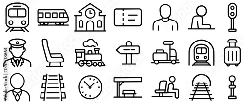 A comprehensive collection of train travel line icons showcasing various aspects of railway transportation systems