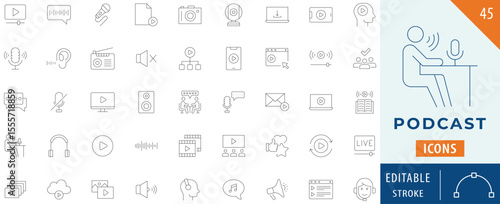 Podcast icon collection set. Editable stroke.