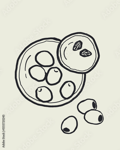 Hand drawn doodle sketch vector of ceramic olive plate with pit compartment, mediterranean appetizer in dolce vita style