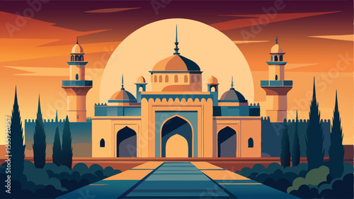A stylized depiction of a mosque against a sunset backdrop landscape illustration