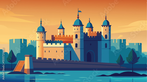 A stylized depiction of a castle on water at sunset time landscape illustration