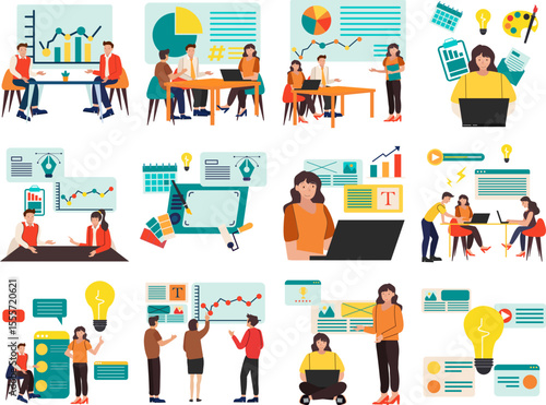 Creative business concept flat illustration set. Includes of idea, startup, design, branding, marketing, innovation, and more. Vector illustration isolated transparent background