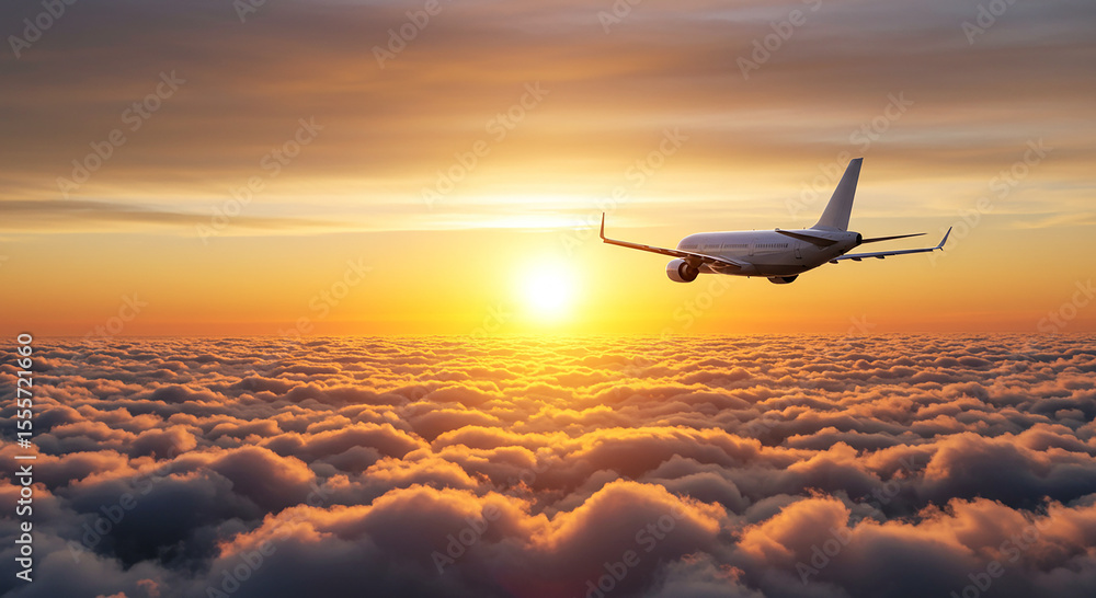 Airplane flying above a sea of clouds during a vibrant sunset Airplane flying above a sea of clouds during a vibrant sunset