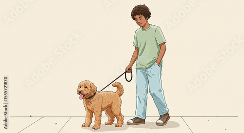 A young man casually strolls down the street with his adorable golden doodle, enjoying a sunny day