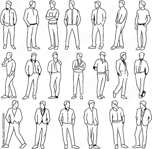 Hand drawn illustration of men in different outfits showing various poses and clothing styles.