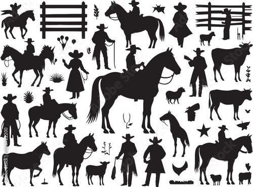 Silhouette collection of cowboys cowgirls horses cattle and western related elements.