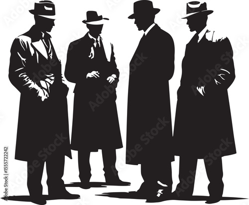 Silhouette depiction of four men in trench coats and hats displaying film noir style