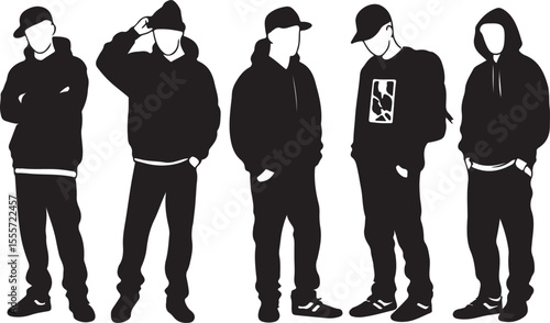 Silhouette illustration of five men in casual streetwear with hoodies and caps posing