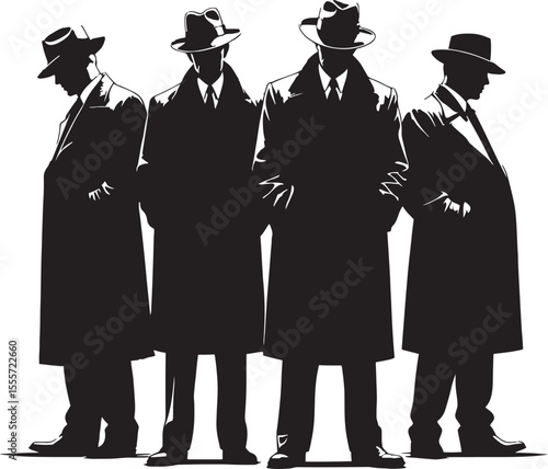 Silhouette illustration of four men in trench coats and hats with a classic retro style