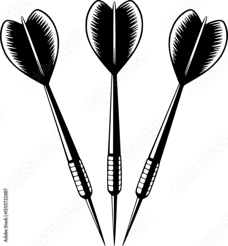 Retro Vintage Darts Vector – Clean Graphic Illustration of Three Standing Darts – Minimalist Black and White Dart Design for T-Shirts, Posters, Bar Decor, and Sports Graphics