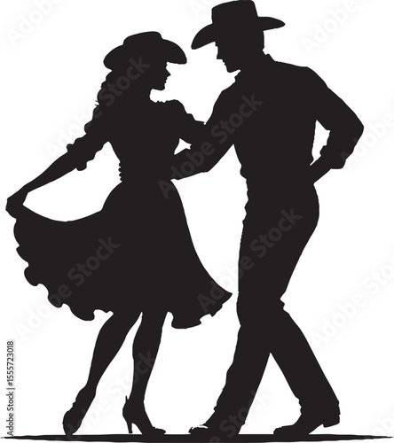  Silhouette of a romantic country couple dancing together in cowboy hats and western attire