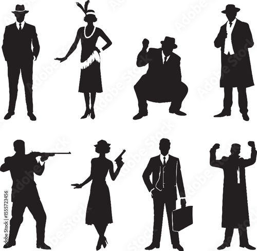 Silhouetted characters representing the roaring twenties gangsters and flapper girl era