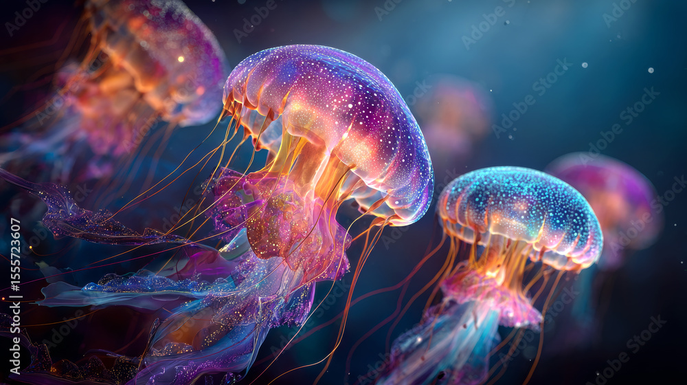 Colorful Bioluminescent Jellyfish in Deep Ocean Colorful Bioluminescent Jellyfish in Deep Ocean