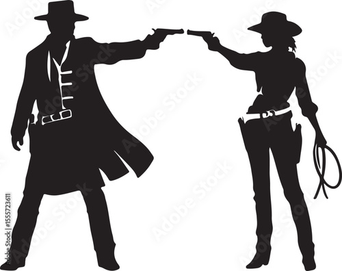 Silhouetted cowboy and cowgirl duel depicting a classic western showdown on white background.