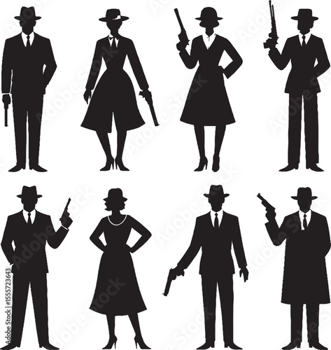 Silhouetted collection of gangsters and femme fatales with hats and handguns in black and white
