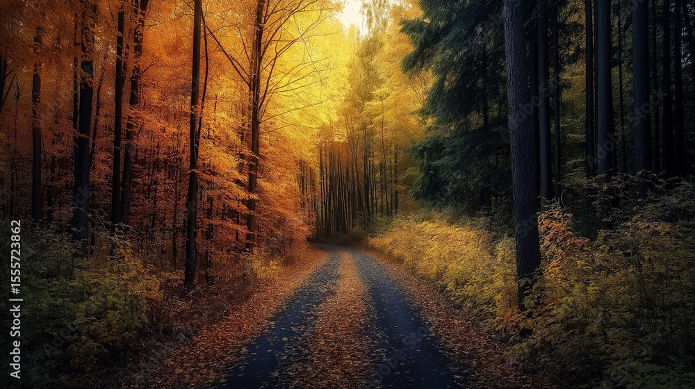 Obraz premium Hyper-realistic autumn forest scene showing a split path—one side sunlit and vibrant, the other dark and overgrown—symbolizing emotional duality, internal conflict, and mental health decision-making