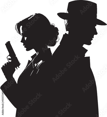 Silhouetted detective couple facing opposing directions posing with a handgun and hat
