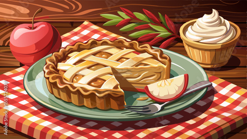 A golden slice of apple pie rests gently on a rustic ceramic plate. Flaky, buttery crust wraps around tender cinnamon-spiced apples, their juices glistening in the warm light. A dollop of vanilla 
