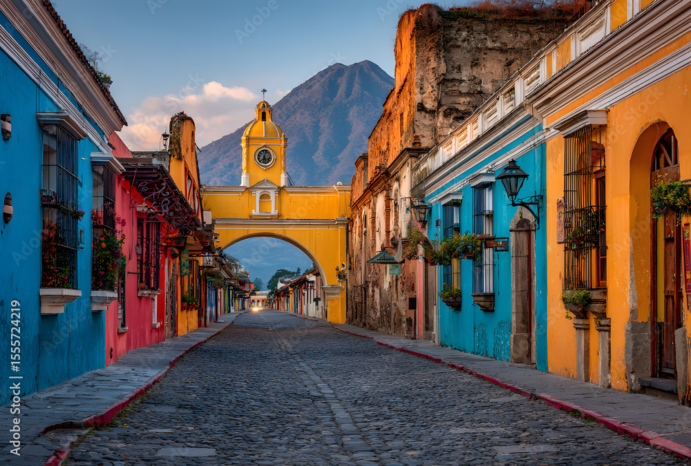 Obraz premium Cityscape of the colorful main street of Antigua city at sunrise with the famous yellow arch and the Agua volcano in the background, Guatemala, Central America.