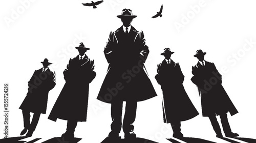 Silhouetted group of detectives wearing hats and coats with flying birds in a noir scene.