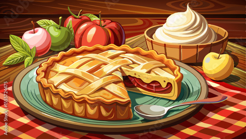 A golden slice of apple pie rests gently on a rustic ceramic plate. Flaky, buttery crust wraps around tender cinnamon-spiced apples, their juices glistening in the warm light. A dollop of vanilla 