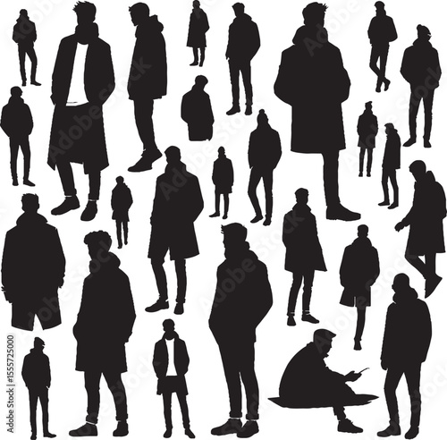 Vector silhouettes of stylish people in coats and casual winter fashion poses