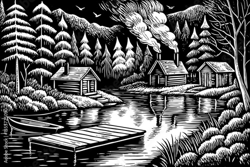 serene village lake surrounded by wooden cabins and leafy trees, a black and white sketch vector
