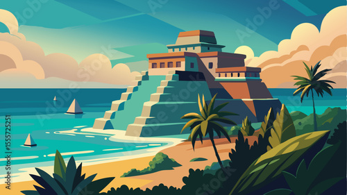 A pyramid structure near the sea with palm trees and boats afar landscape illustration