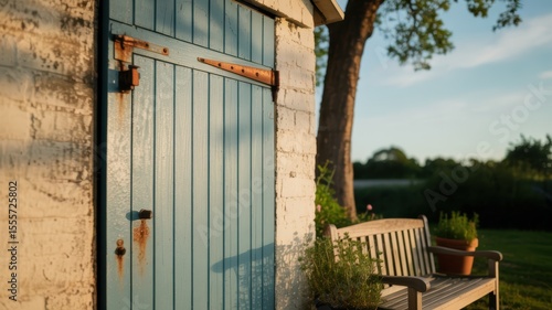 Rustic blue door on brick shed with wooden bench in sunlit garden